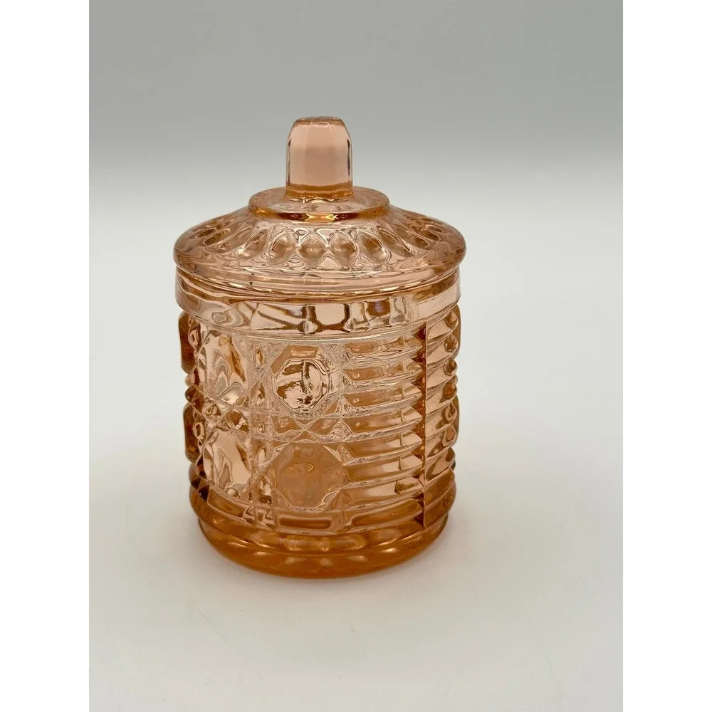 Vintage Windsor Pink Indiana Glass Jam Jar with Lid Diamond Pressed Glass Pink
